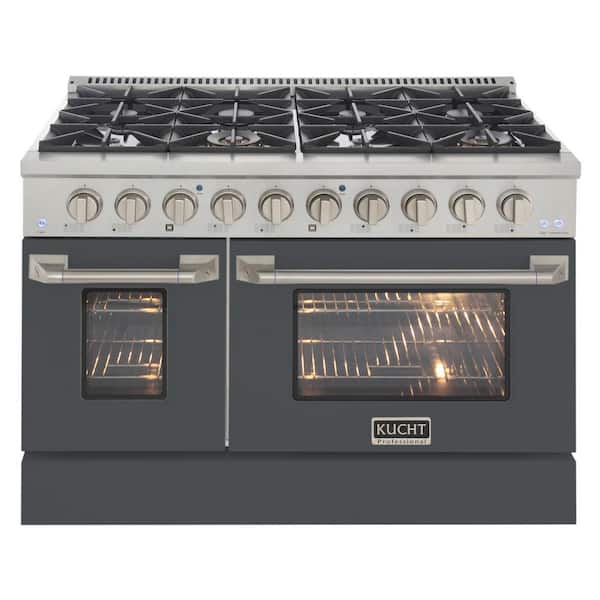 Kucht 48 in. 6.7 cu. ft. 8-Burners Double Oven Dual Fuel Range Propane Gas in Stainless Steel and Cement Gray Oven Doors