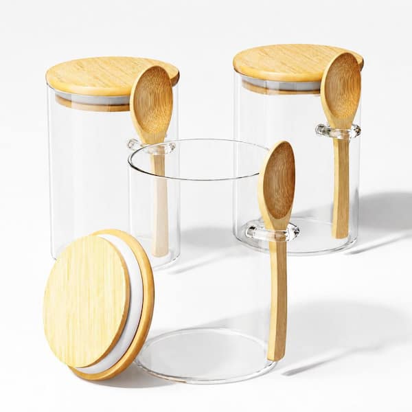 3-Piece Borosilicate Glass Food Storage Jar Set with Bamboo Lids and Spoon, 15 oz Transparent