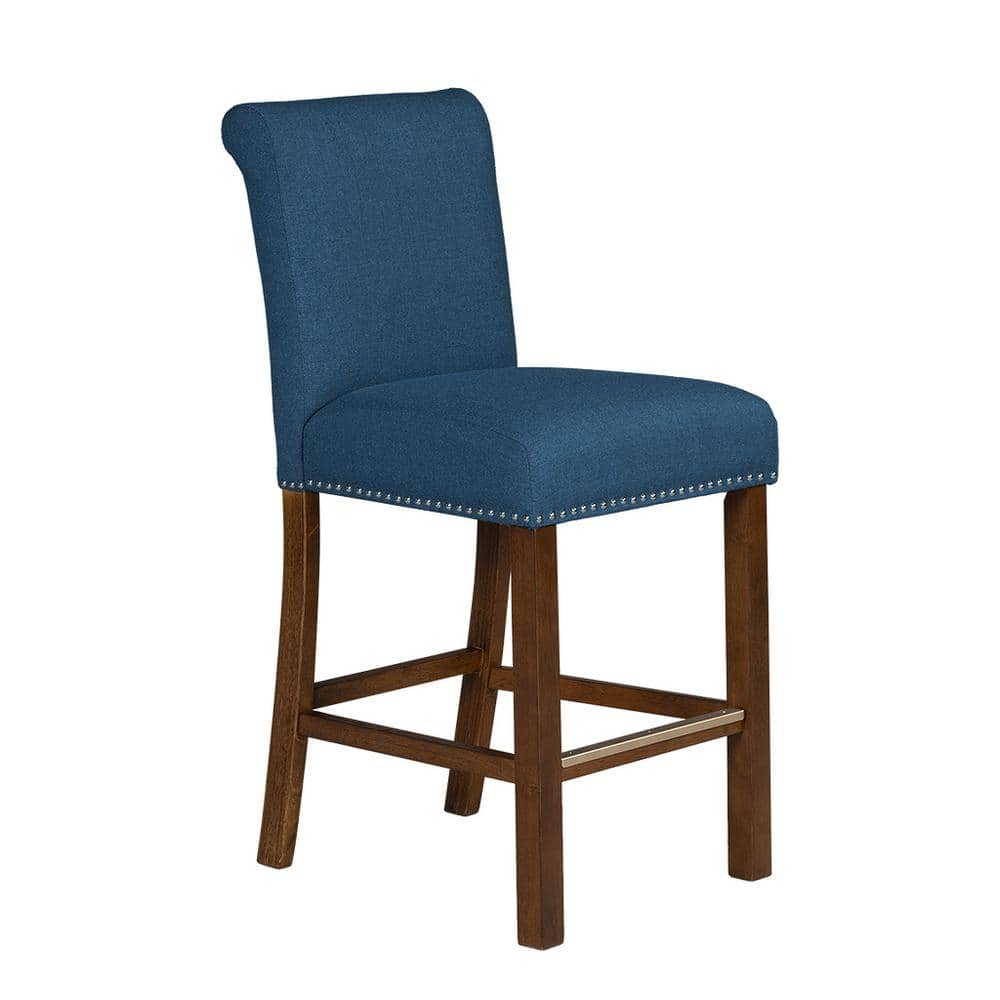 Aubrey Blue Upholstered Wood Counter Stools with Nailhead Trim