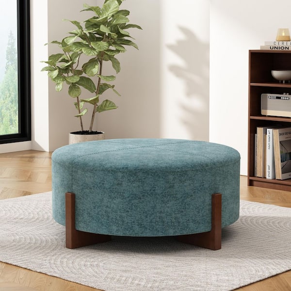 Davenport Modern Chenille Upholstered Round Accent Ottoman, Walnut Finish Solid Wood Base, Teal Blue
