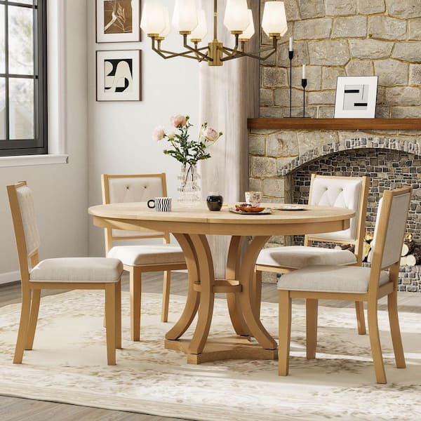 Natural Retro 5-Piece Extendable Round Wood Top Dining Table Set with 4-Upholstered Chairs Seats 4