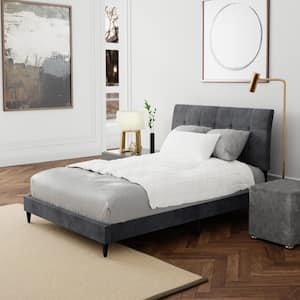 Blakely Dark Gray Wood Frame Queen Platform Bed with 2-Dual USB Ports