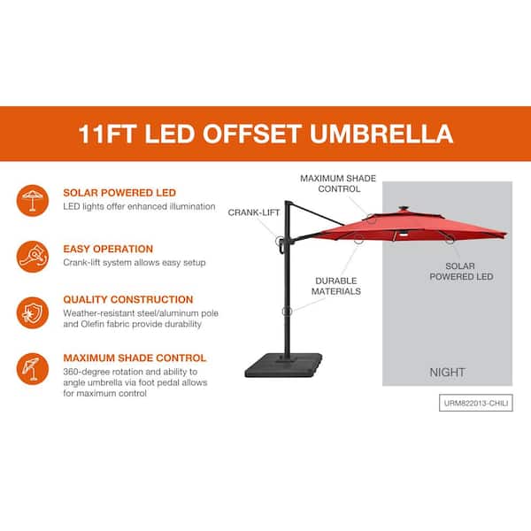 Hampton Bay 11 ft. Aluminum Cantilever Solar LED Offset Patio Umbrella in  Chili Red URM822013-Chili
