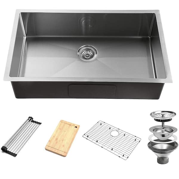 KBFmore 32 Inch Double 40/60 Unequal Bowl 16 Gauge Kitchen Sink with 5  Pieces Sink Accessories