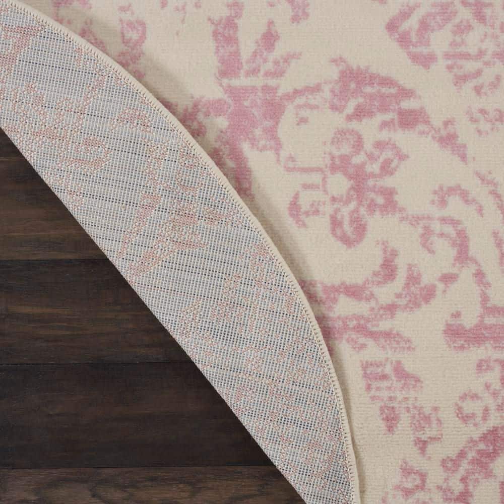 Jubilant Ivory and Pink Round Synthetic Area Rug, 5'3"