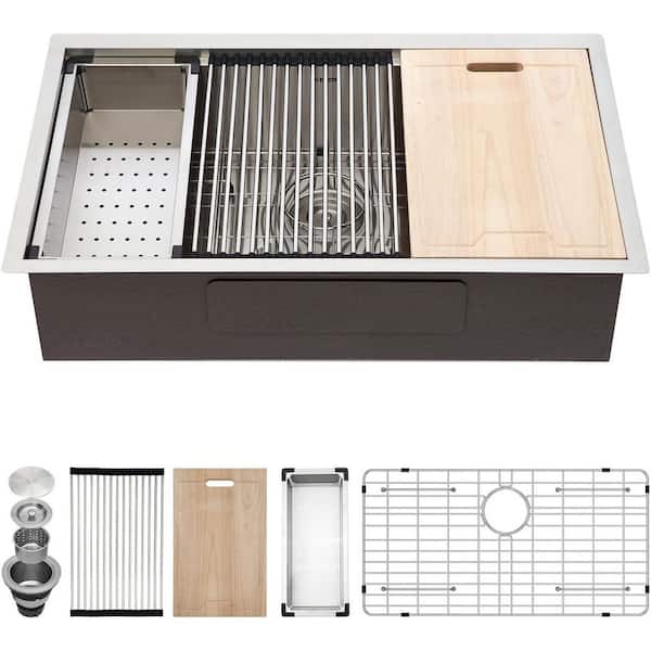36 in. W x 12 in. D Undemrount Single Bowl 16 Gauge Stainless Steel Workstation Kitchen Sink with Bottom Grid