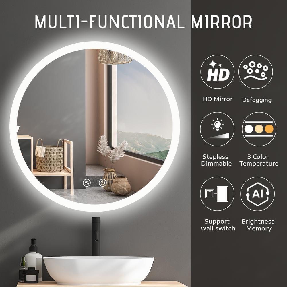 24'' Round Frameless LED Lighted Bathroom Vanity Mirror