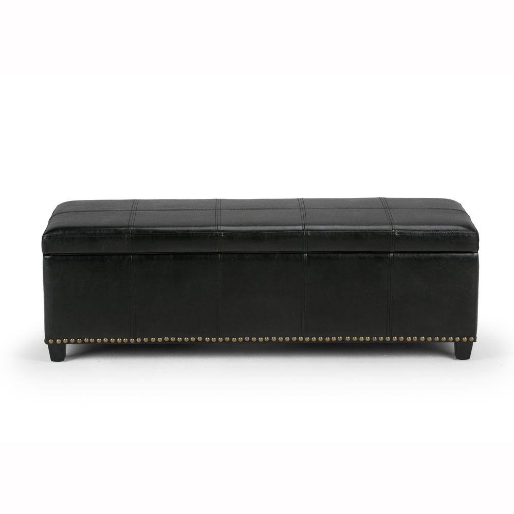 Midnight Black Bonded Leather Large Rectangular Storage Ottoman Bench