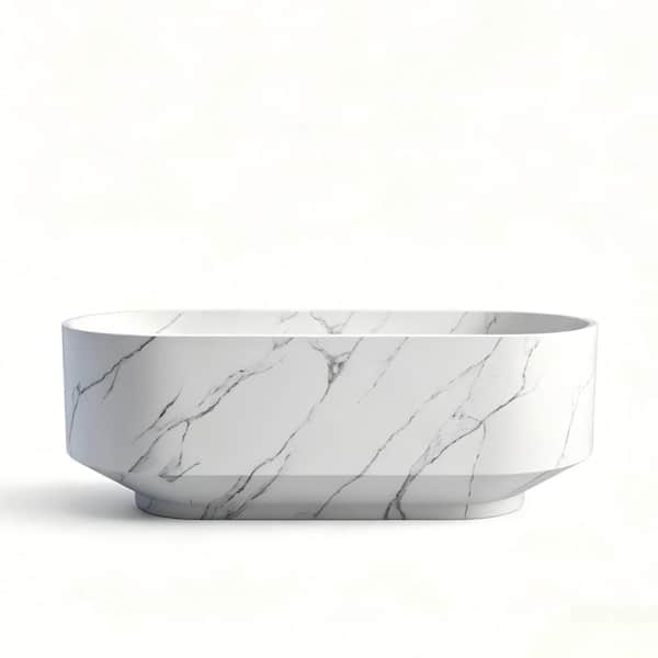 67 in. Stone Resin Freestanding Soaking Bathtub with White Marble Patterned Finish