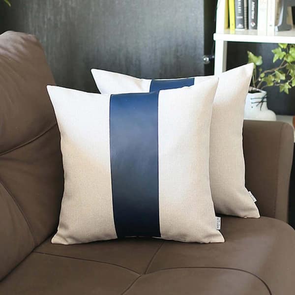 MIKE & Co. NEW YORK Bohemian Handmade Vegan Navy Blue Faux Leather 17 in. x 17 in. Square Solid Throw Pillow (Set of 2)