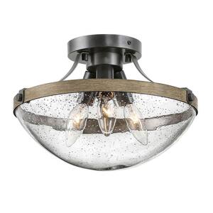 Chepe 11.5 in. 3-Light Modern Farmhouse Bronze Semi-Flush Mount with Seedy Glass Shade and Painted Wood Accents