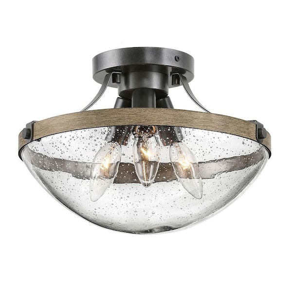 LNC Chepe 11.5 in. 3-Light Modern Farmhouse Bronze Semi-Flush Mount with Seedy Glass Shade and Painted Wood Accents