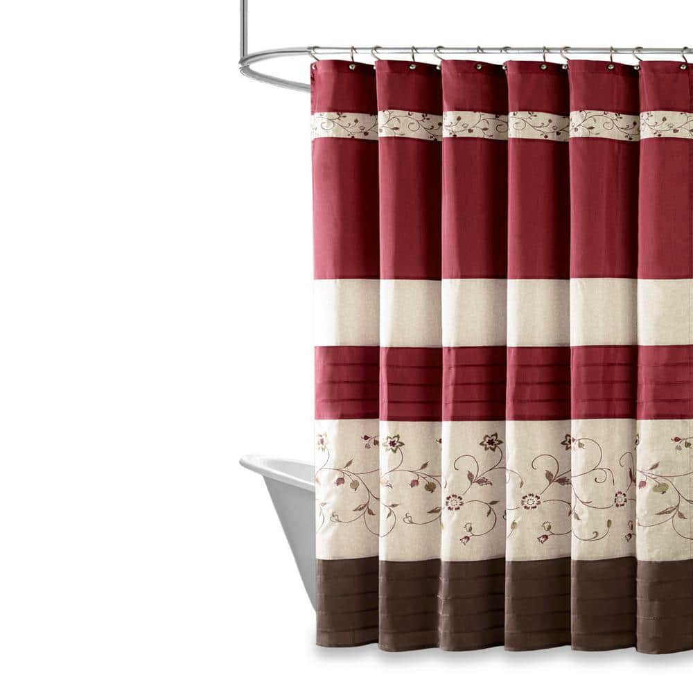 Red and Beige Faux Silk Embroidered Floral Shower Curtain