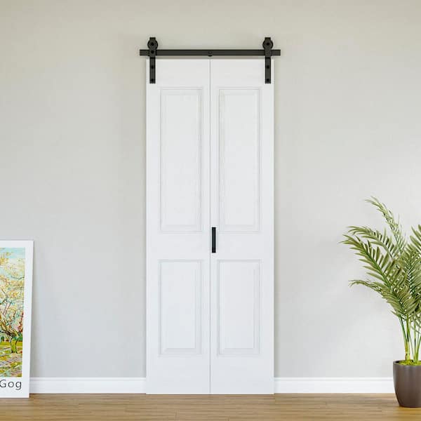 32 in. x 84 in. Paneled 4-Lite White Primed Hollow Core MDF Composite Bi-fold Door with Bifold Barn Door Hardware