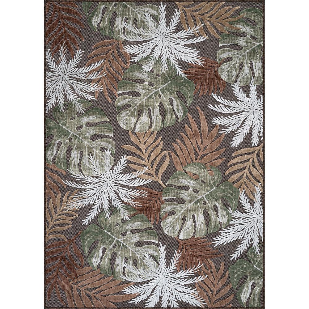 Jungle Brown 8 ft. x 10 ft. Washable Tropical Floral Indoor Outdoor ...