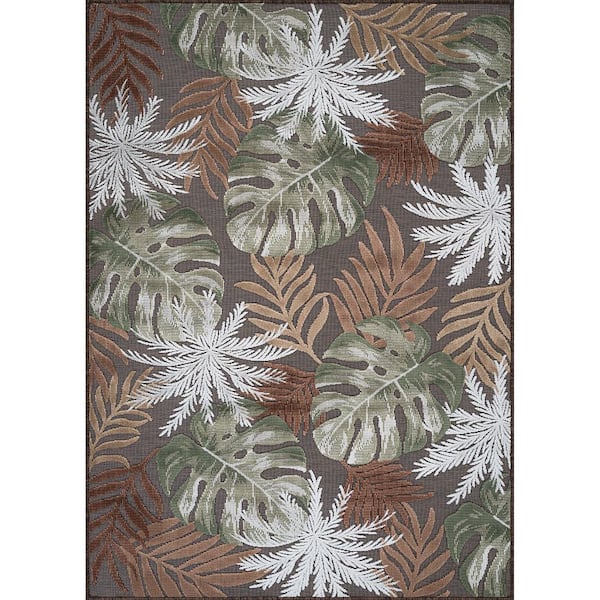 Jungle Brown 9 ft. x 12 ft. Washable Tropical Floral Indoor Outdoor Area Rug