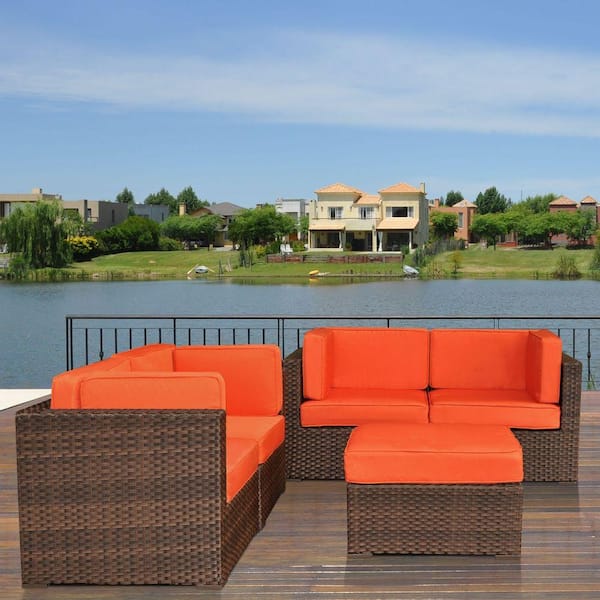 Atlantic Contemporary Lifestyle Nice Brown 5-Piece Patio Sectional Seating Set with Orange Cushions