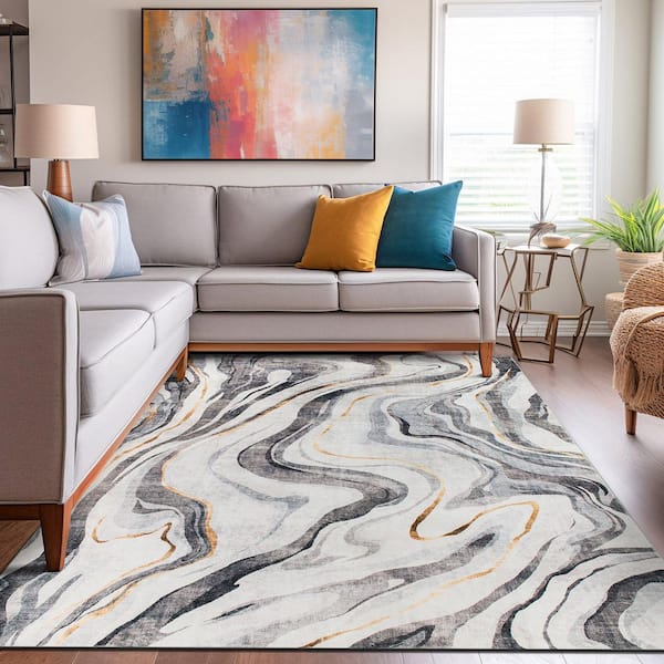 Contemporary Marble Washable Non Slip Gray 5 ft. x 7 ft. Area Rug