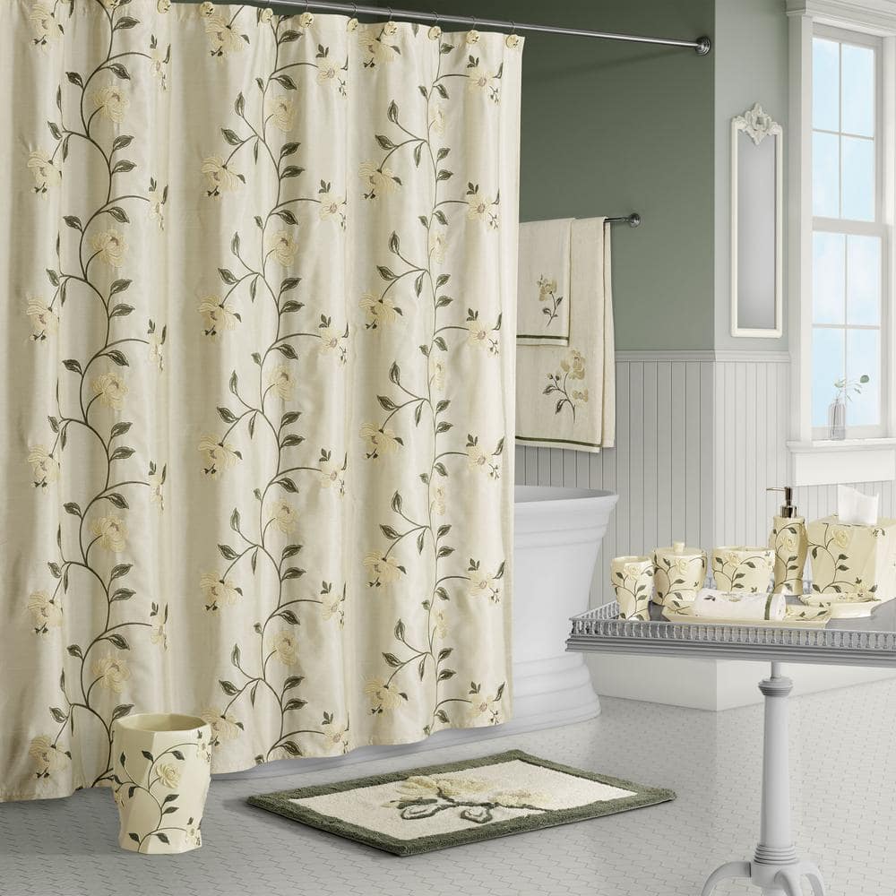 Penny Cream Faux-Silk Floral Embroidered Shower Curtain
