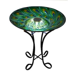 18 in. Solar Glass Turquoise Peacock Feathers Bird Bath with Stand