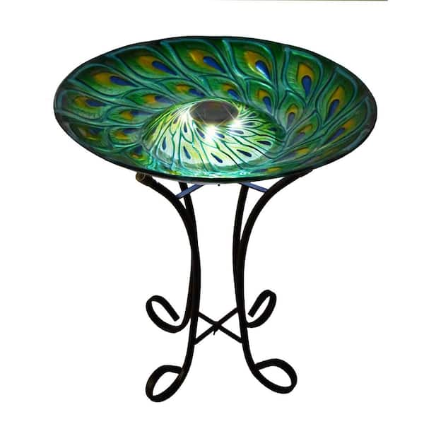 HI-LINE GIFT LTD. 18 in. Solar Glass Turquoise Peacock Feathers Bird Bath with Stand