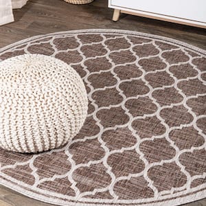 Trebol Moroccan Trellis Textured Weave Espresso/Taupe 4 ft. Round Indoor/Outdoor Area Rug