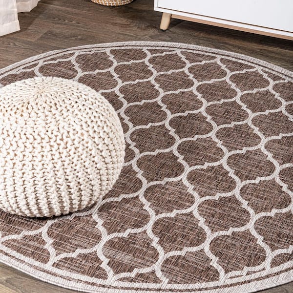 JONATHAN Y Trebol Moroccan Trellis Textured Weave Espresso/Taupe 4 ft. Round Indoor/Outdoor Area Rug