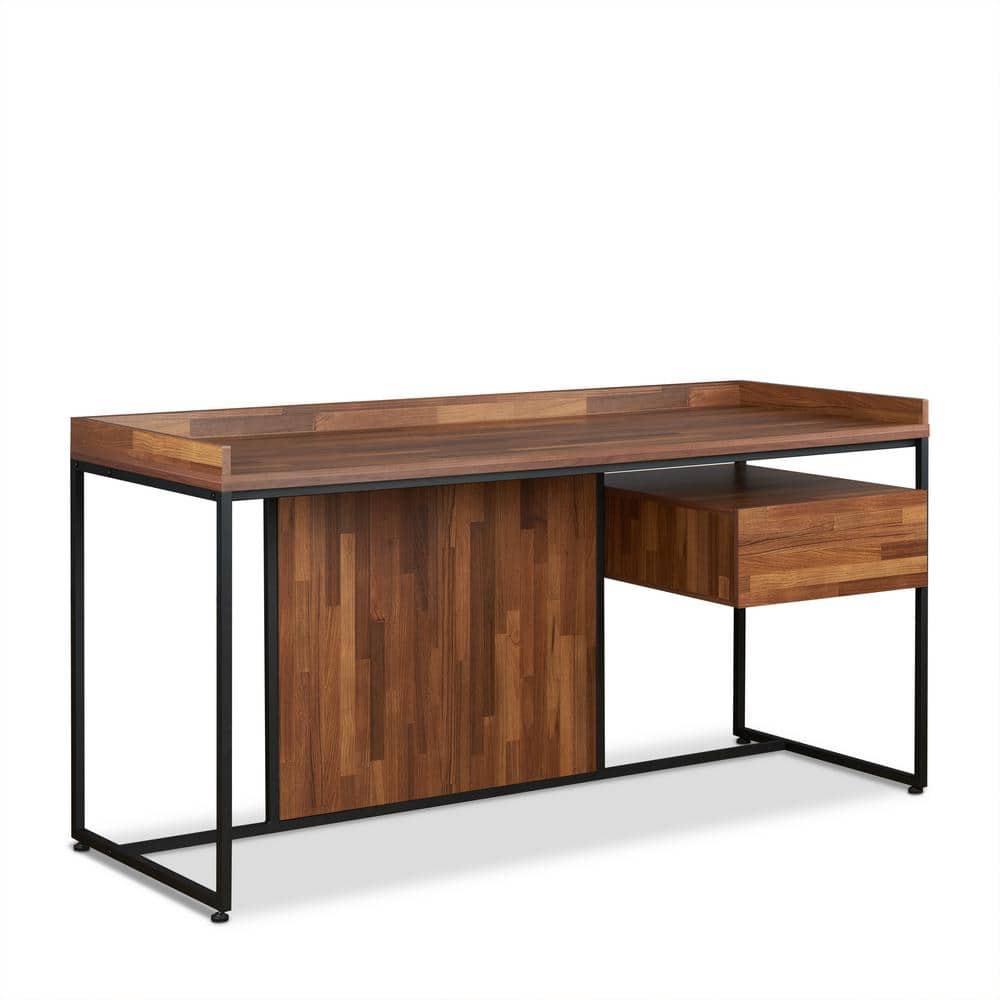 Walnut and Black Wood Desk with Drawer and Metal Frame