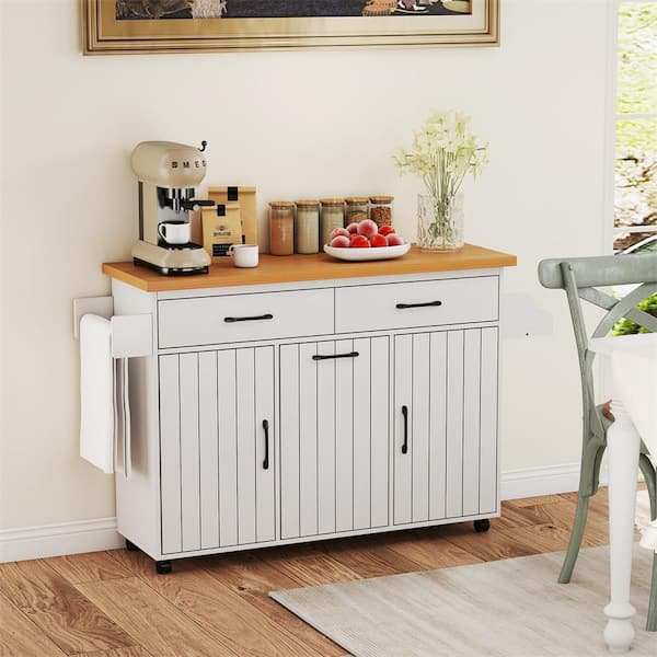 White Wood 58 in. Rolling Kitchen Island Kitchen Cart with Tilt-out Trash Cabinet Island Table