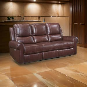 81.5 in. Rolled Arm Leather Rectangle USB Recliner Sofa in Brown