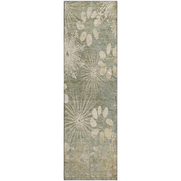 Mayfield Premium Machine Washable Abstract AMF2225 Sage 2 ft. x 7 ft. Runner Rug