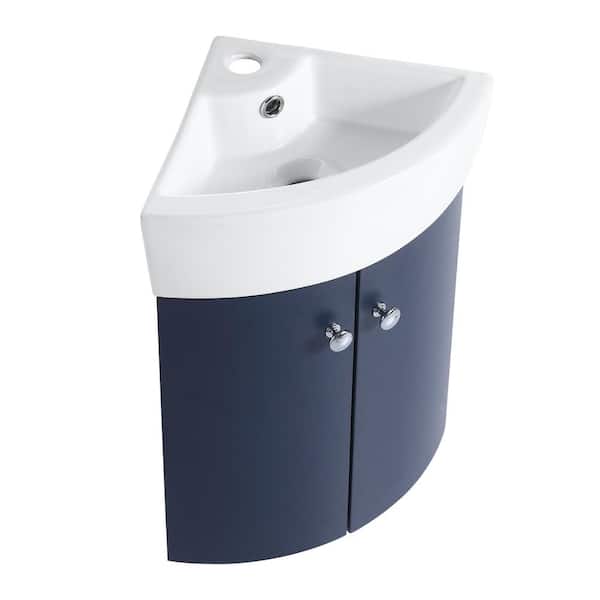 Unbranded 12.8 in Single bowl Corner Wall Mounted Bath Vanity in Blue with Ceramic Sink in White with Overflow