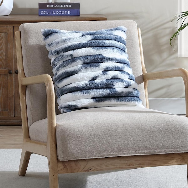 French Connection French Ribbed Blue 18 in. x 18 in. Plush Faux Fur Decorative Pillow