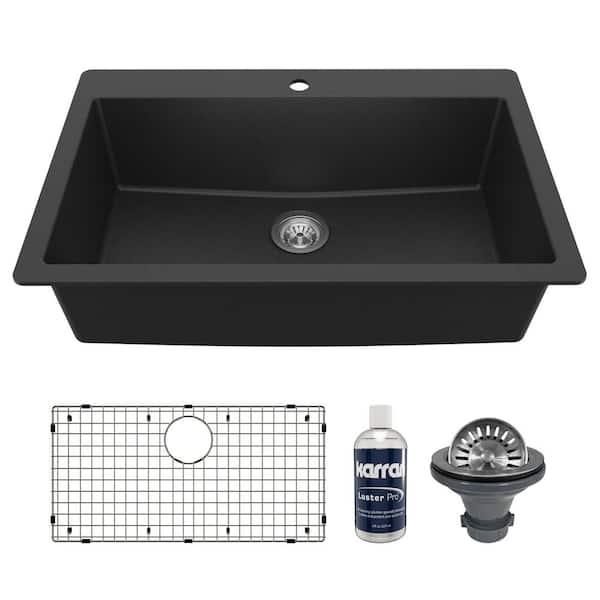 33 in. Large Single Bowl Drop-In Kitchen Sink in Black with Bottom Grid and Strainer