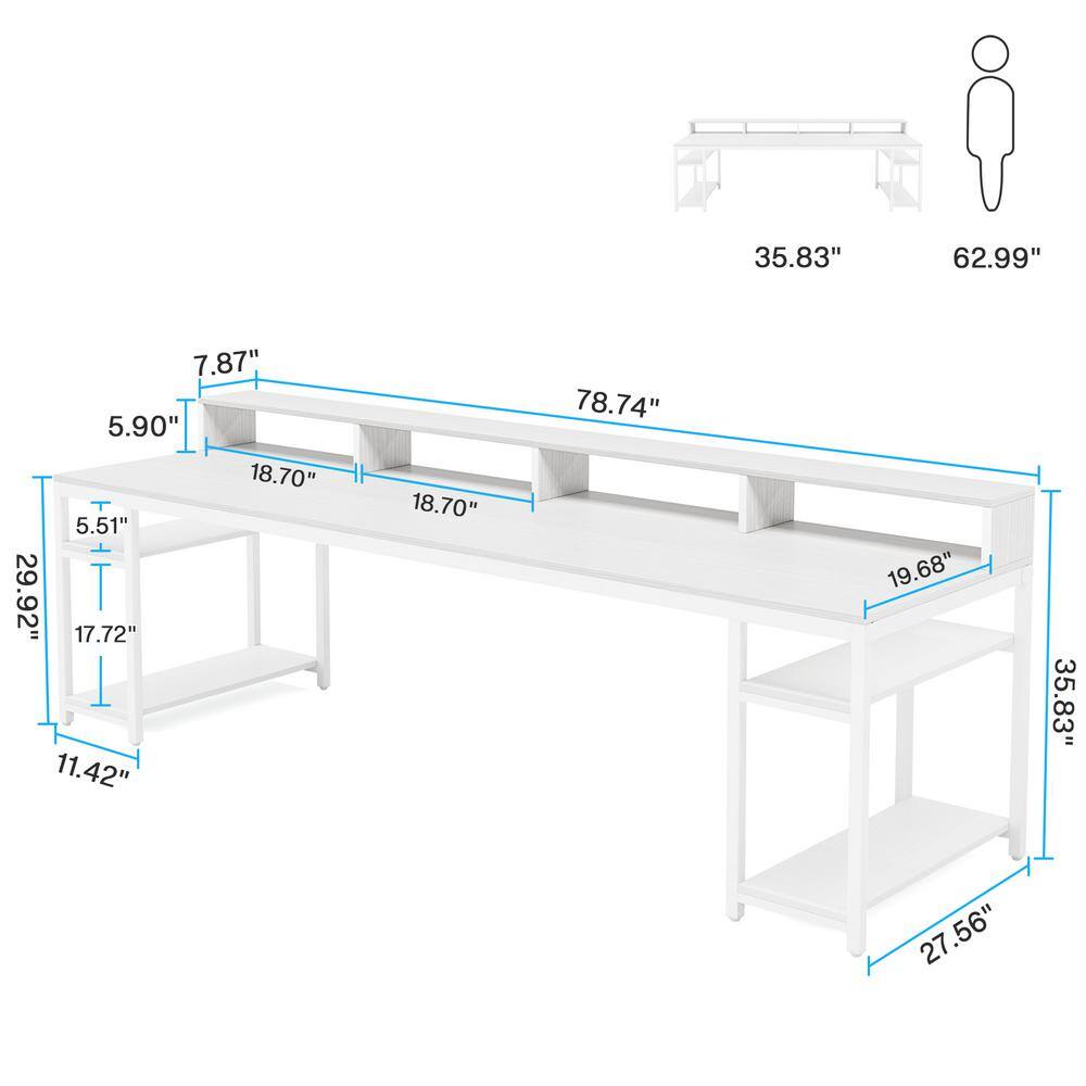 White Double Workstation Desk with Bookshelf and Storage Shelves