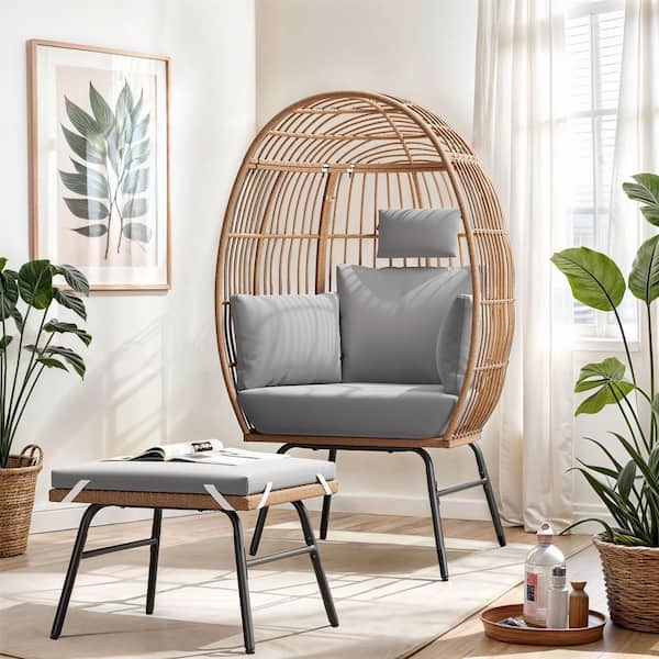 DEXTRUS Brown Wicker Outdoor Patio Lounge Chair Egg Chair with Ottoman Footrest and Gray Cushion