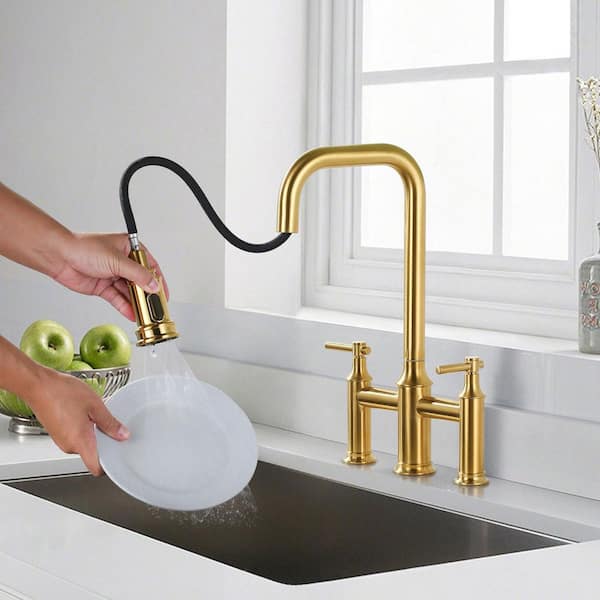 3-Holes Double Handle Brass Bridge Kitchen Faucet with 3-Modes Pull-Down Sprayer and High Arc Spout in Bruhsed Gold