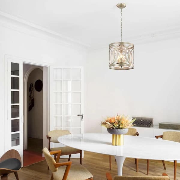 Sara 3-Light Brushed Champagne Silver Metal Cage Drum Chandelier