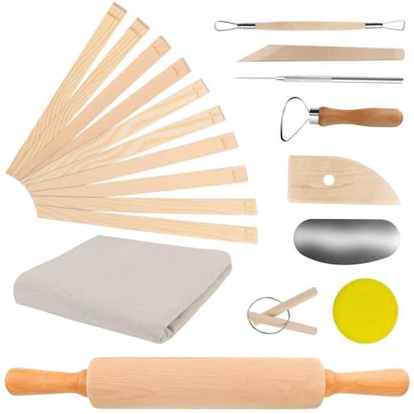 Pottery Tool Kit 20-Piece Wood Rolling Pin Linen Cloth Sculpting Tools for Ceramic Polymer Clay Projects