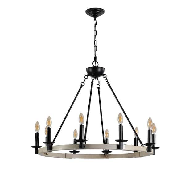 31.5 in. Rustic Farmhouse 10-Light Black Candle Chandelier with Metal and Wood Round Hanging Light Fixture (No Bulbs)