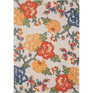 Ava Ivory 2 ft. x 4 ft. Mid-Century Floral Indoor/Outdoor Area Rug