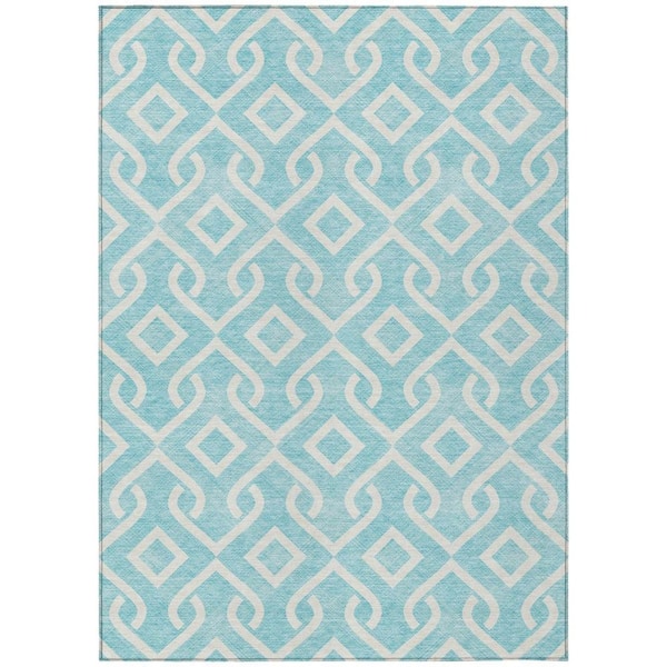 Aqua, Ivory 10 ft. x 14 ft. Woven Geometric Polyester Rectangle Indoor/Outdoor Area Rug