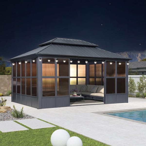 Hardtop Gazebo 12 ft. x 16 ft. Gray Aluminum Sunroom Gazebo with Double Top, Mesh Screens & 24 Lights