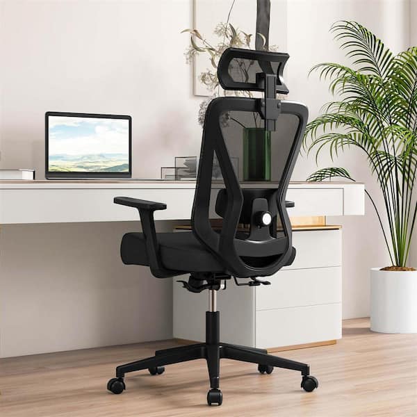Costway Fabric Adjustable Height Ergonomic Office Chair in Black with Adjustable Lumbar Support Tilting Function Headrest