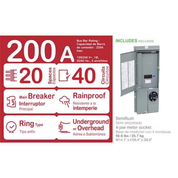 Homeline 200 Amp 20-Space 40-Circuit Outdoor Ring-Type Semi-Flush Mount Solar-Ready Main Breaker Plug-On Neutral CSED