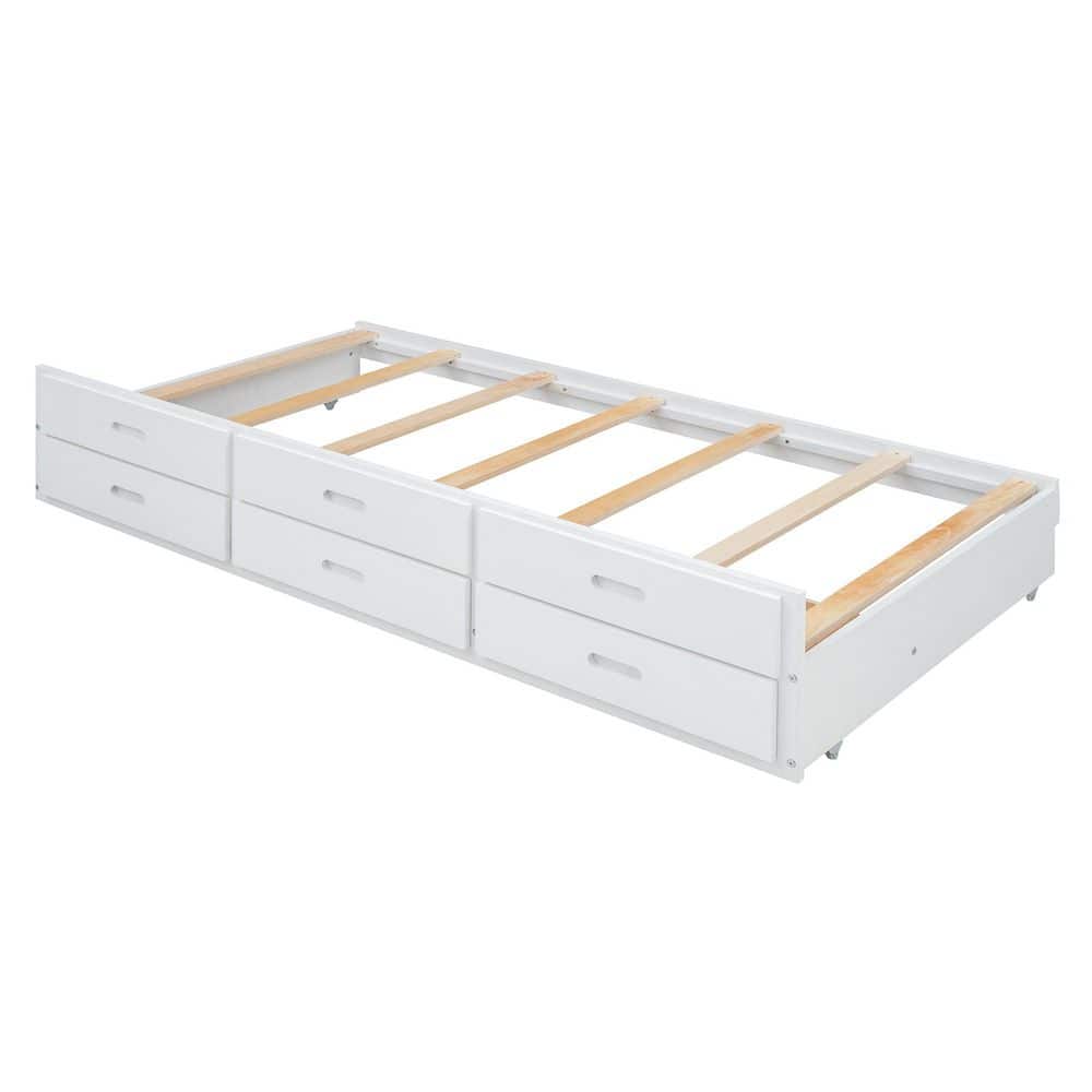 White Wood Frame Full Size Platform Bed with Storage Headboard, Outlets, Twin Size Trundle and 3 Storage Drawers - thumbnail 10