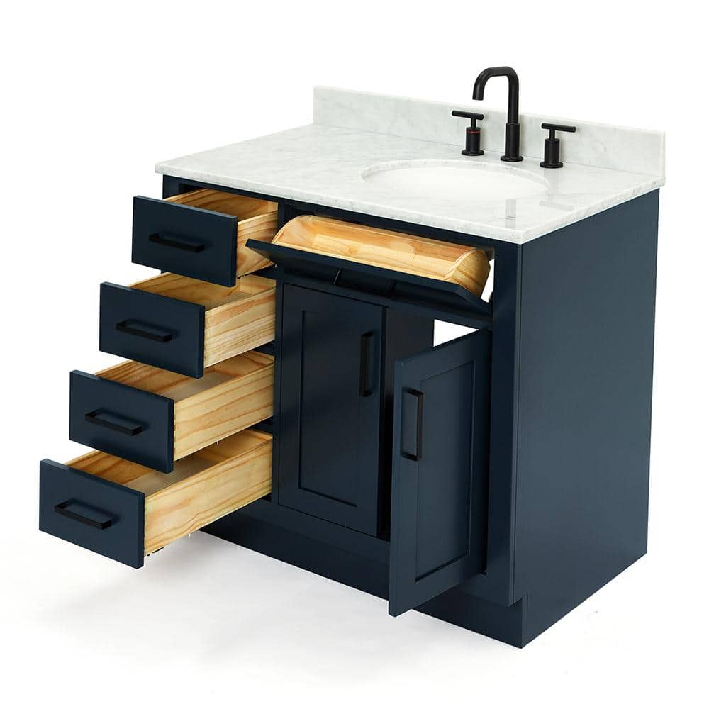 Midnight Blue 37" Freestanding Vanity with White Marble Top