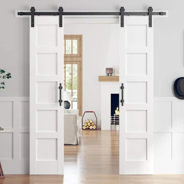 easelife 36 in. W. x 84 in. (Double 18 in. Doors) 5-Panel Solid MDF White Finished Interior Sliding Barn Door with Hardware Kit