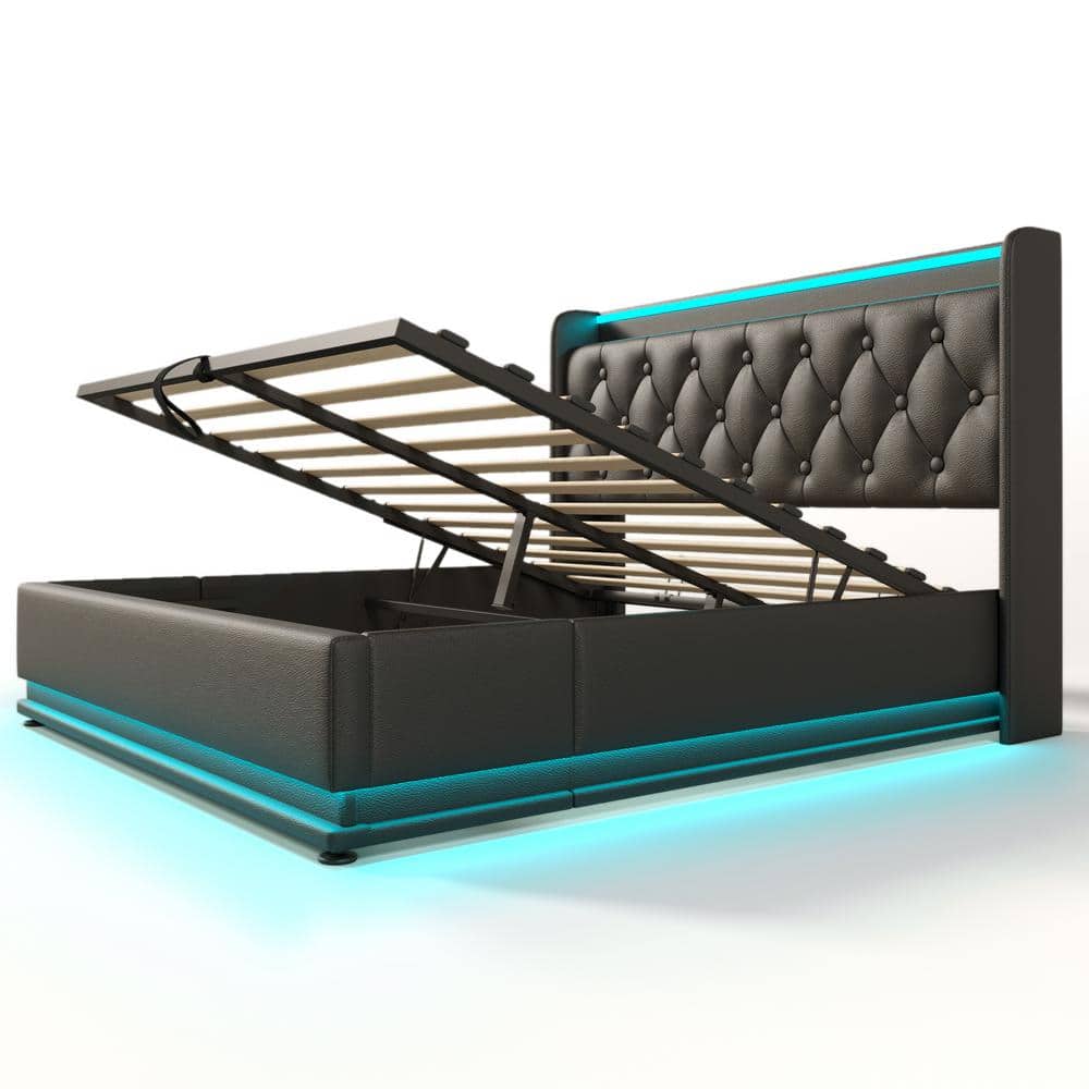 Black Wood and Metal Frame Upholstered PU Queen Platform Bed with Hydraulic Storage, USB Charging and 360° LED Light - thumbnail 7