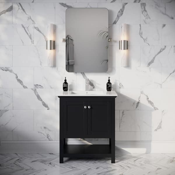 Manchester 30 in. Single Sink Shaker-Style Black Bath Vanity with White Quartz Top and Integrated Sink